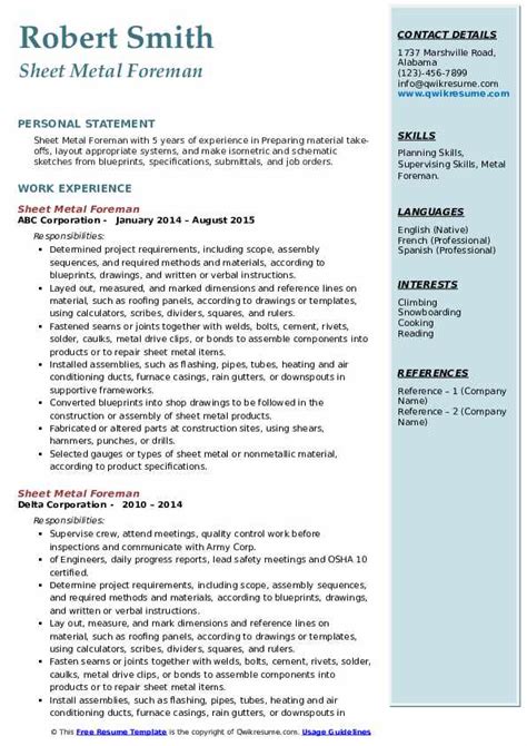 sheet metal foreman resume|sheet metal worker job description.